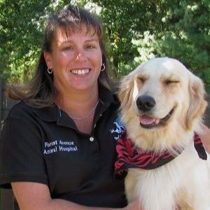 a woman in a black shirt is holding a smiling dog .