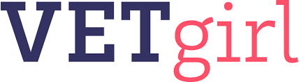 the word vetgirl is written in blue and red on a white background .