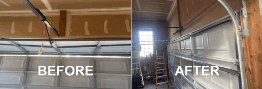 Garage interior with a side-by-side before-and-after view of a cleaner, brighter space.