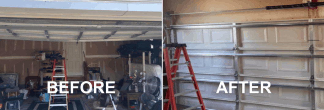 Garage before-and-after: cluttered space on left, clean white wall and ladder on right.