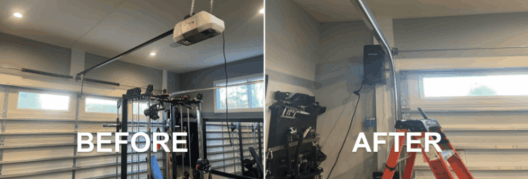 Split-screen gym room before and after renovation, showing cleaner, brighter space on the right.