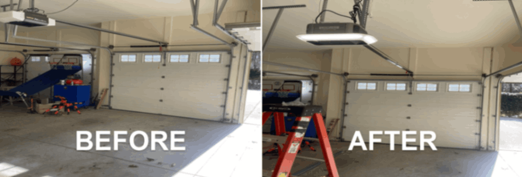 Garage before-and-after view, showing added cabinets and lights in a clean remodeled interior.