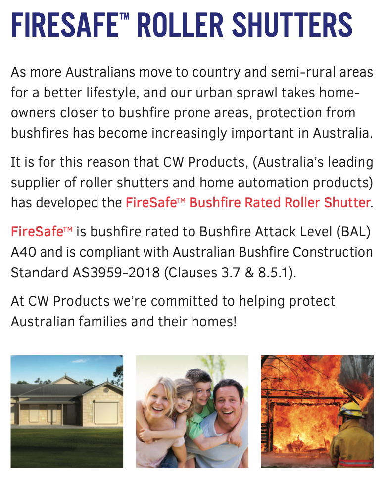 Advertisement for FireSafe roller shutters.