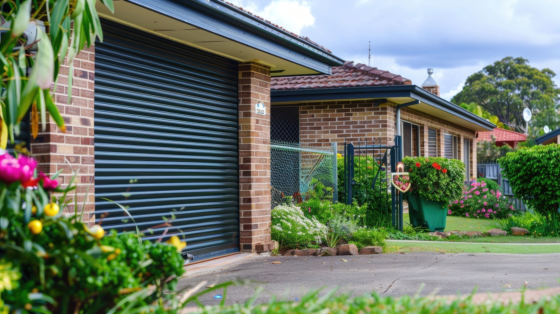 Brick house with a closed garage door, lush greenery, and a cloudy sky in the background.
