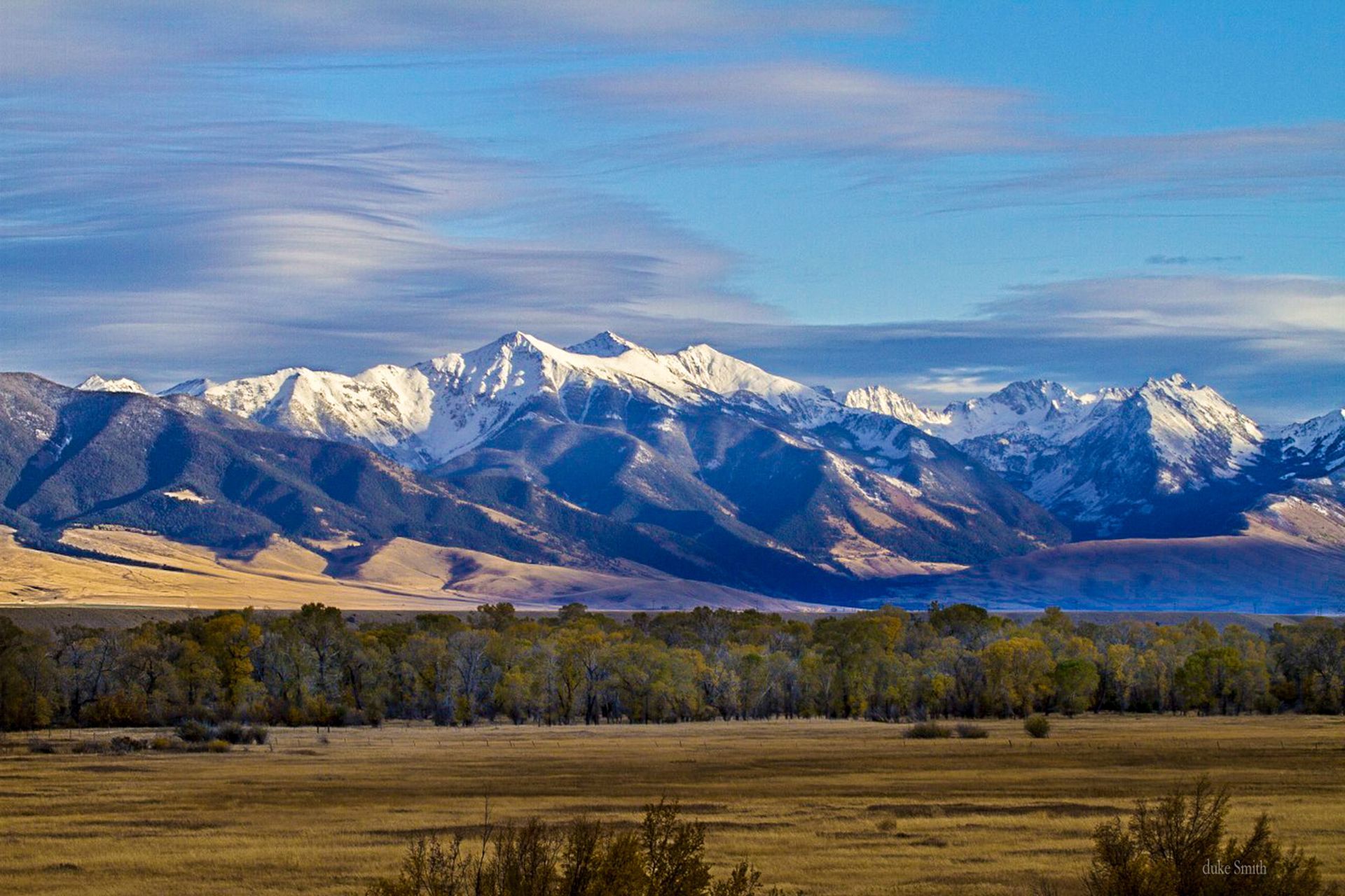 Snow-capped mountains above a grassy plain under a blue sky with wispy clouds