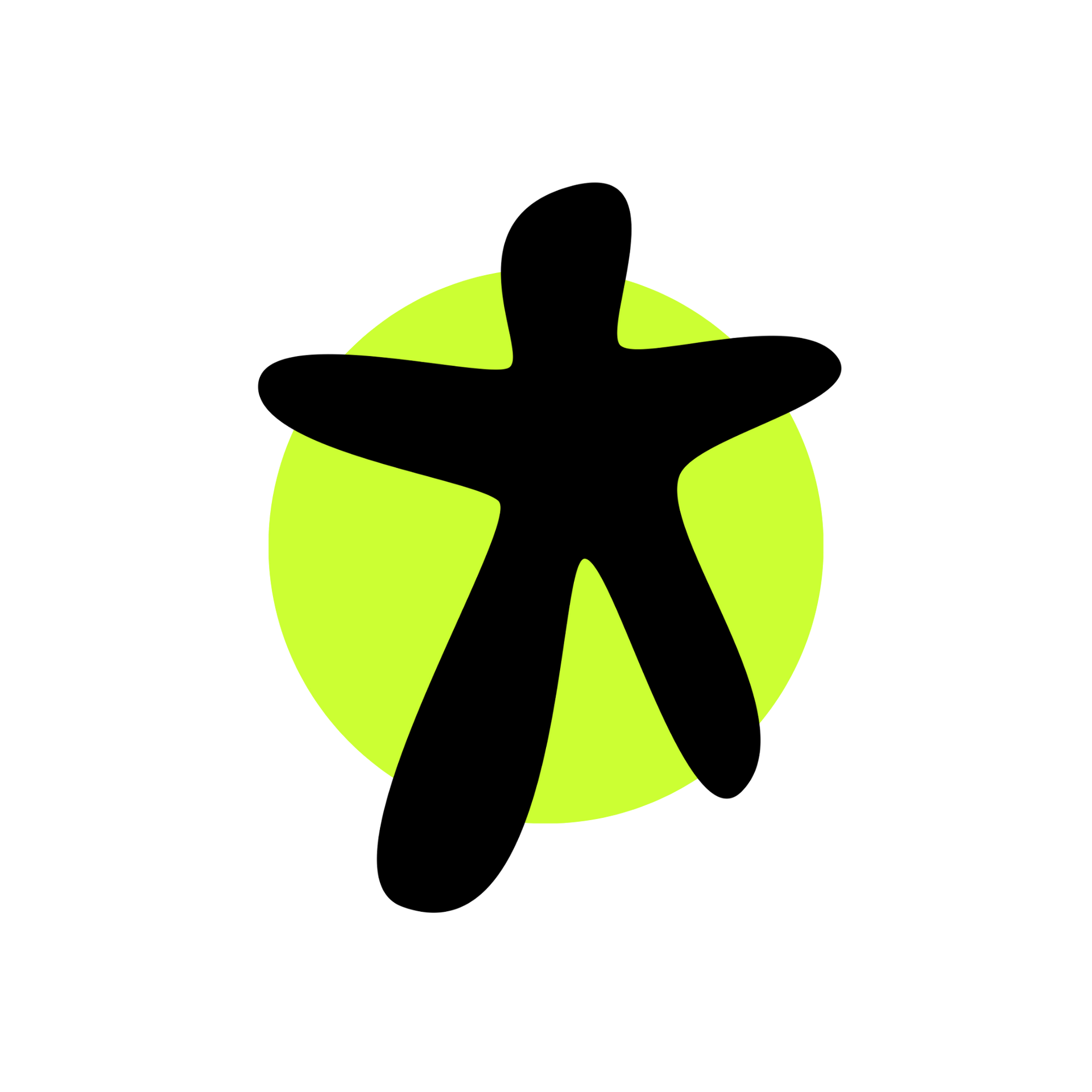 Zwarte abstracte figuur boven een felgroene cirkel op een witte achtergrond