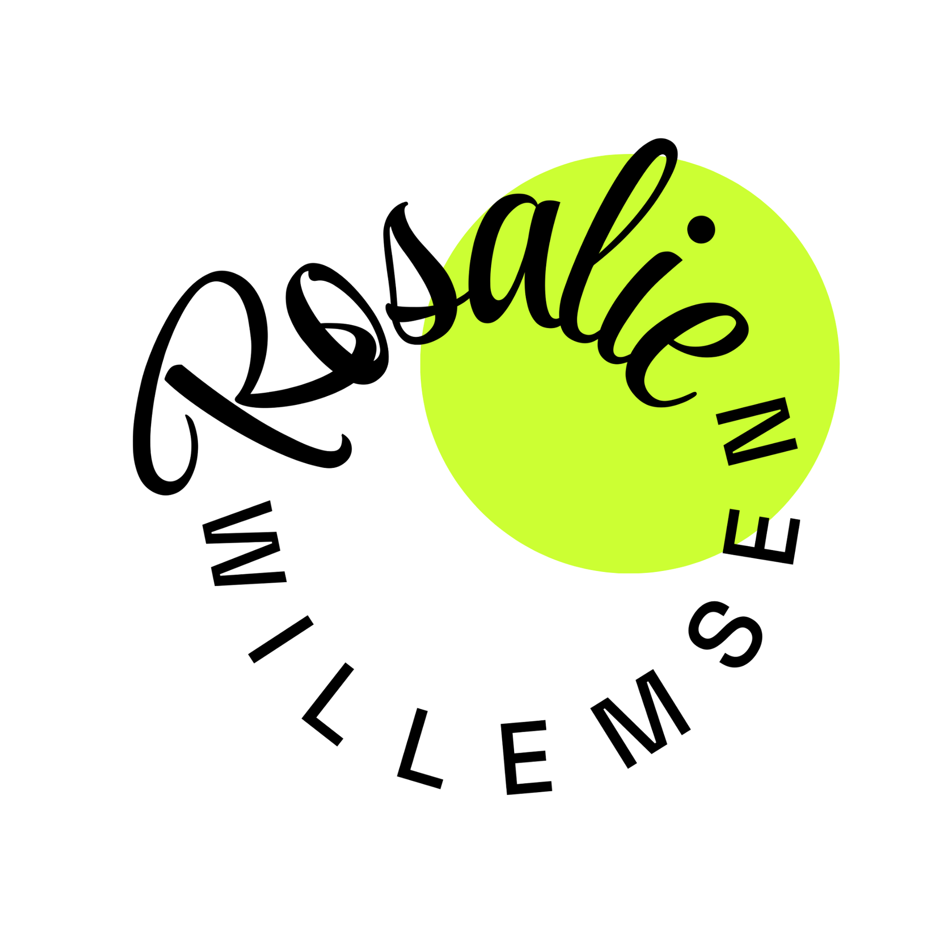 Het Rosalie Willems-logo in zwarte letters boven een neon groene cirkel.