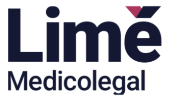Lime Medicolegal-logo in marineblauw met magenta tekst op een witte achtergrond.