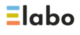E-labo-logo met blauwe, gele en oranje balken naast zwarte tekst