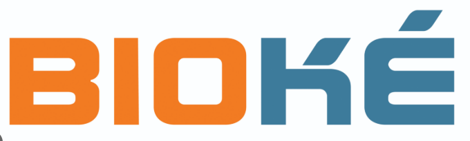 BIOKÉ-logo in oranje en blauwe tekst