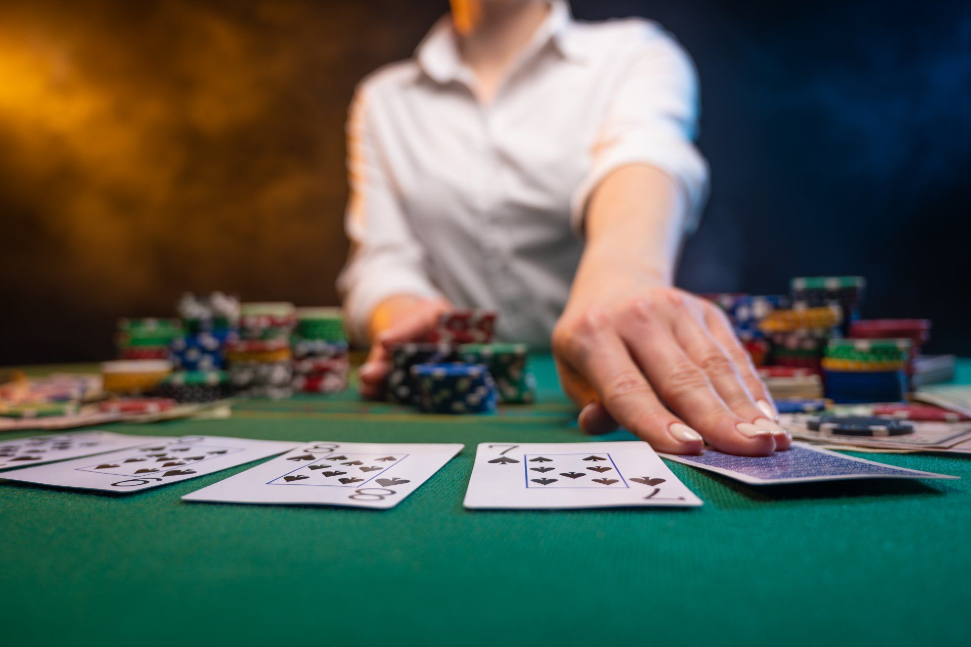 A close view of Fortune Pai Gow Poker table with a game in progress.