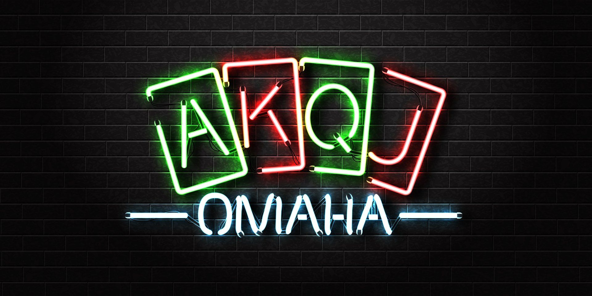 Neon sign that has an Ace, King, Queen, and Jack in the hand, over text that says
