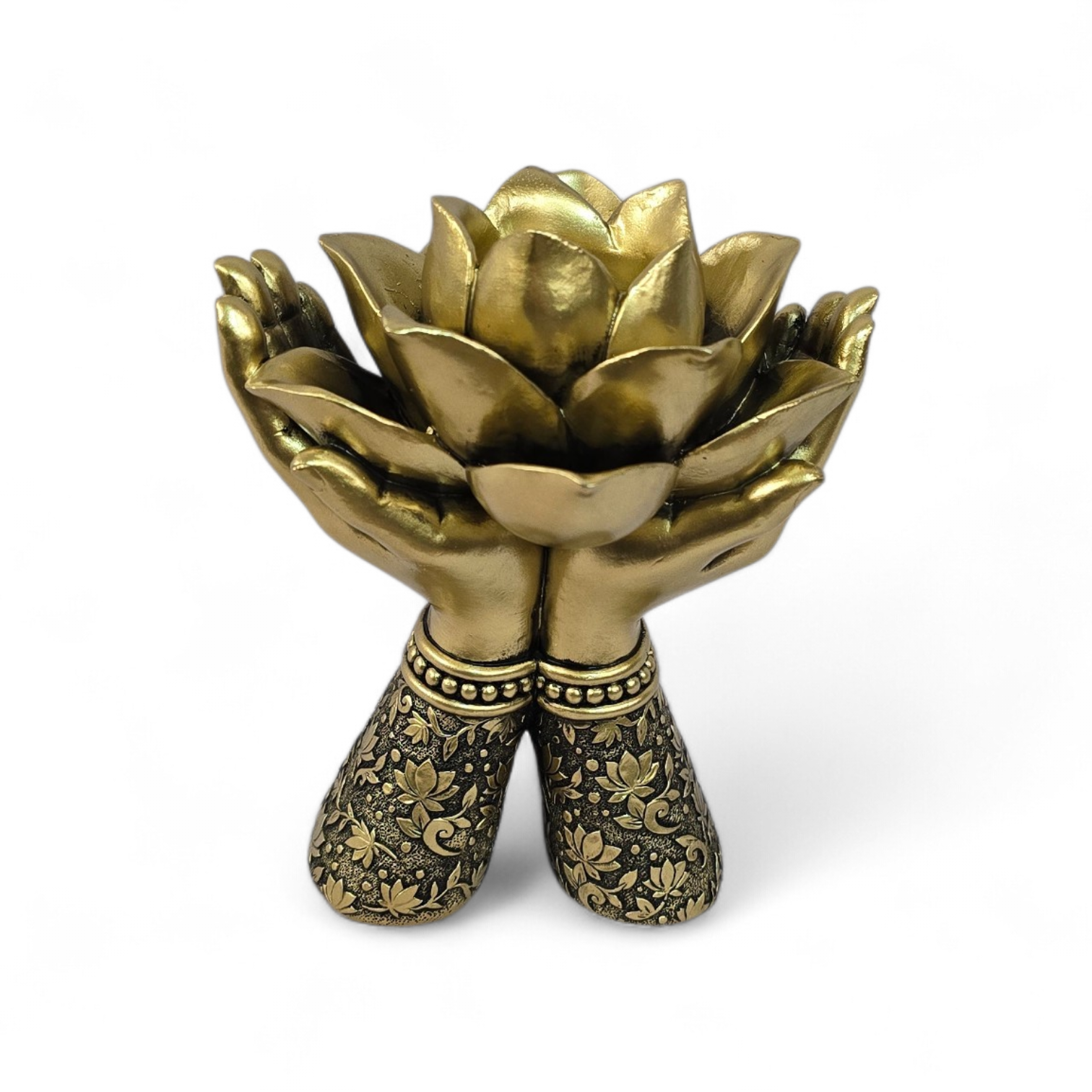 Goudkleurige Theelichthouder met lotusbloem (16cm hoog) (Tijdelijk uitverkocht)