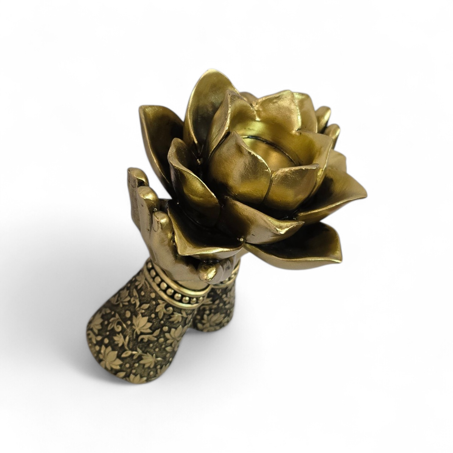 Goudkleurige Theelichthouder met lotusbloem (16cm hoog) (Tijdelijk uitverkocht)