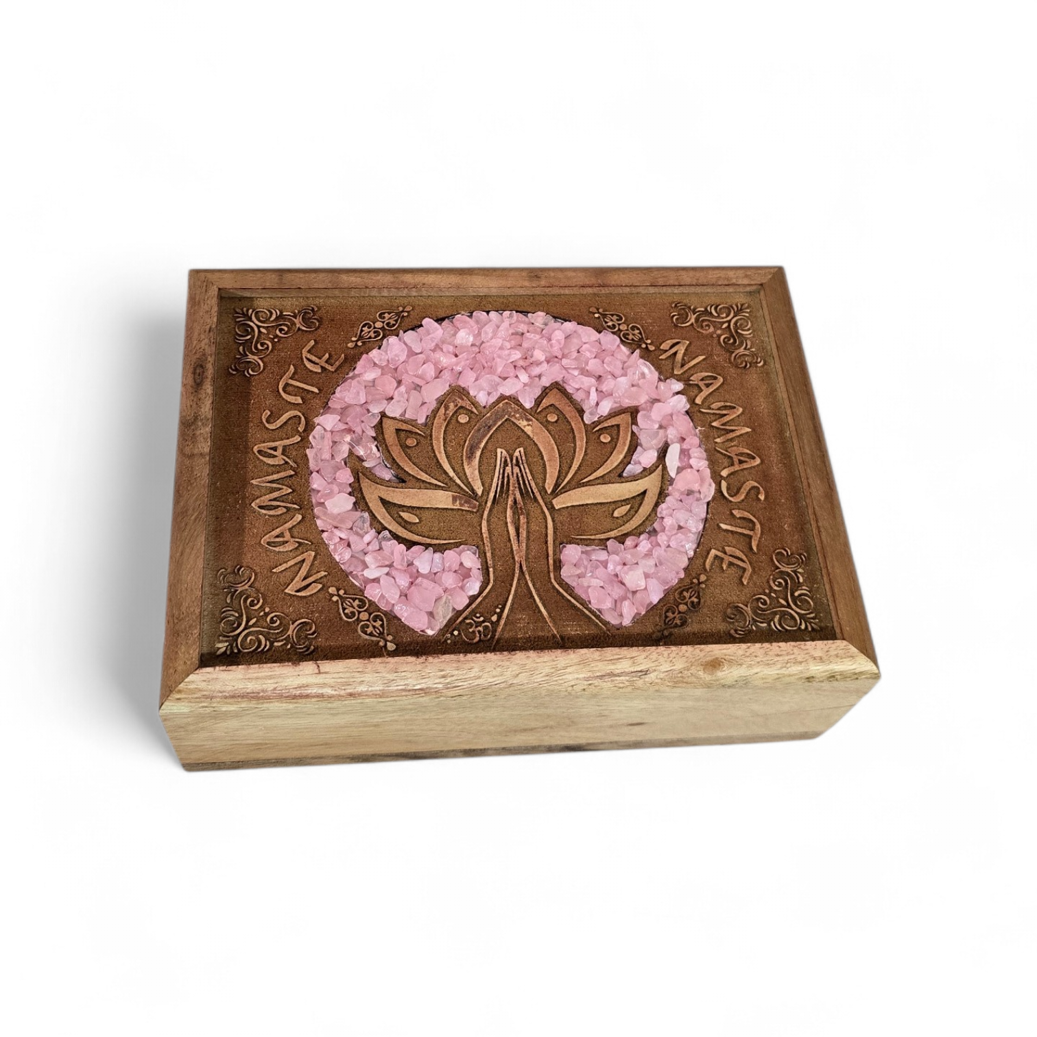 Tarot- of sieradendoos lotus Namaste rozenkwarts