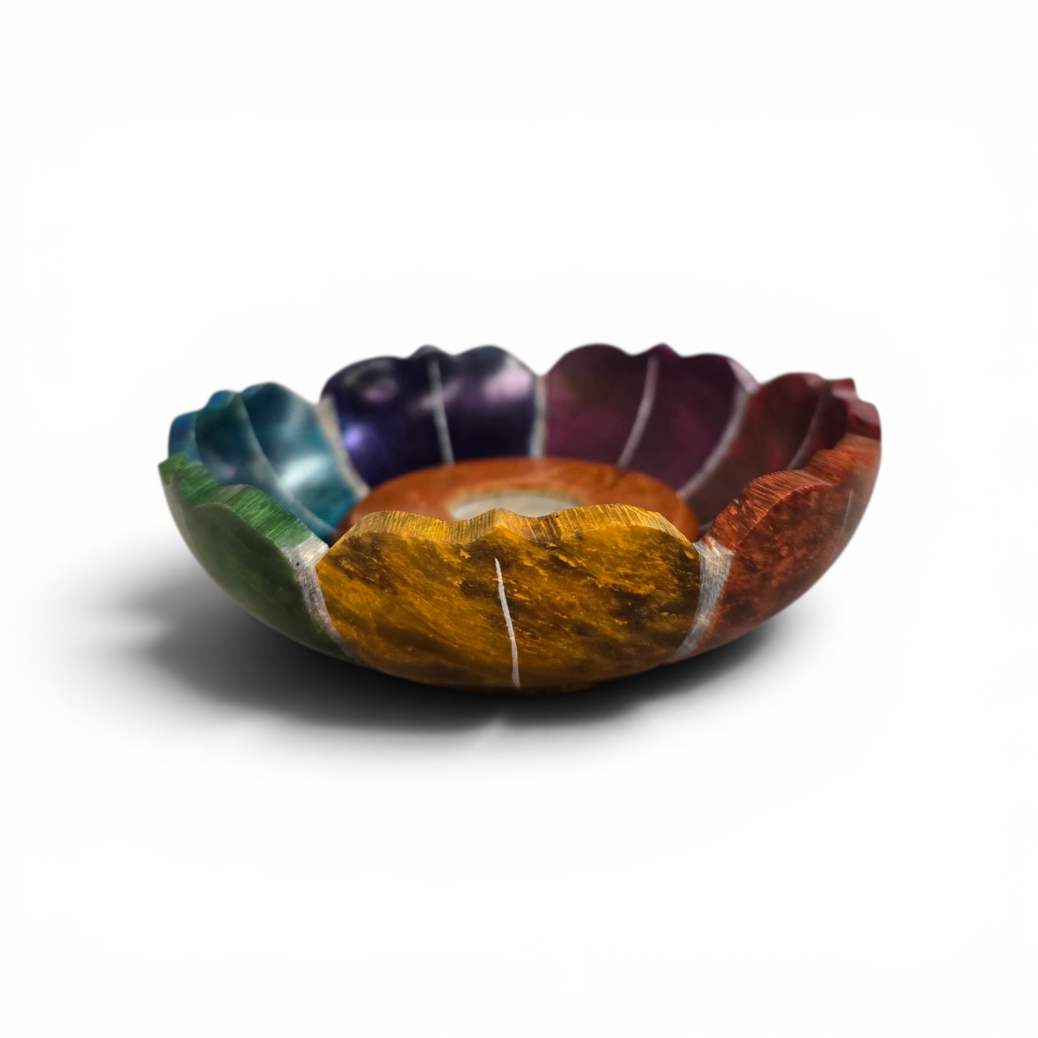 Speksteen wierookhouder lotusbloem in chakrakleuren (diameter 10cm)