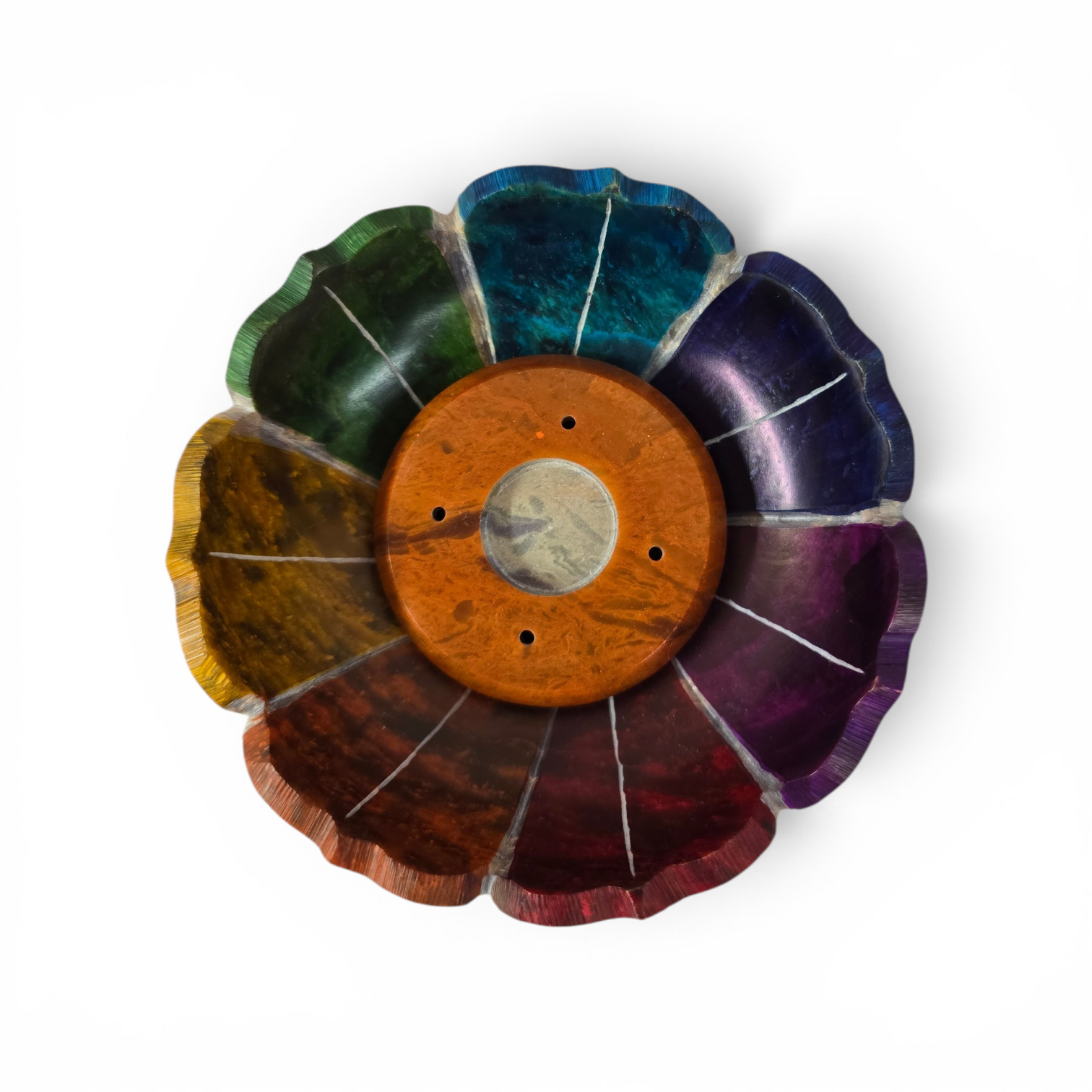 Speksteen wierookhouder lotusbloem in chakrakleuren (diameter 10cm)