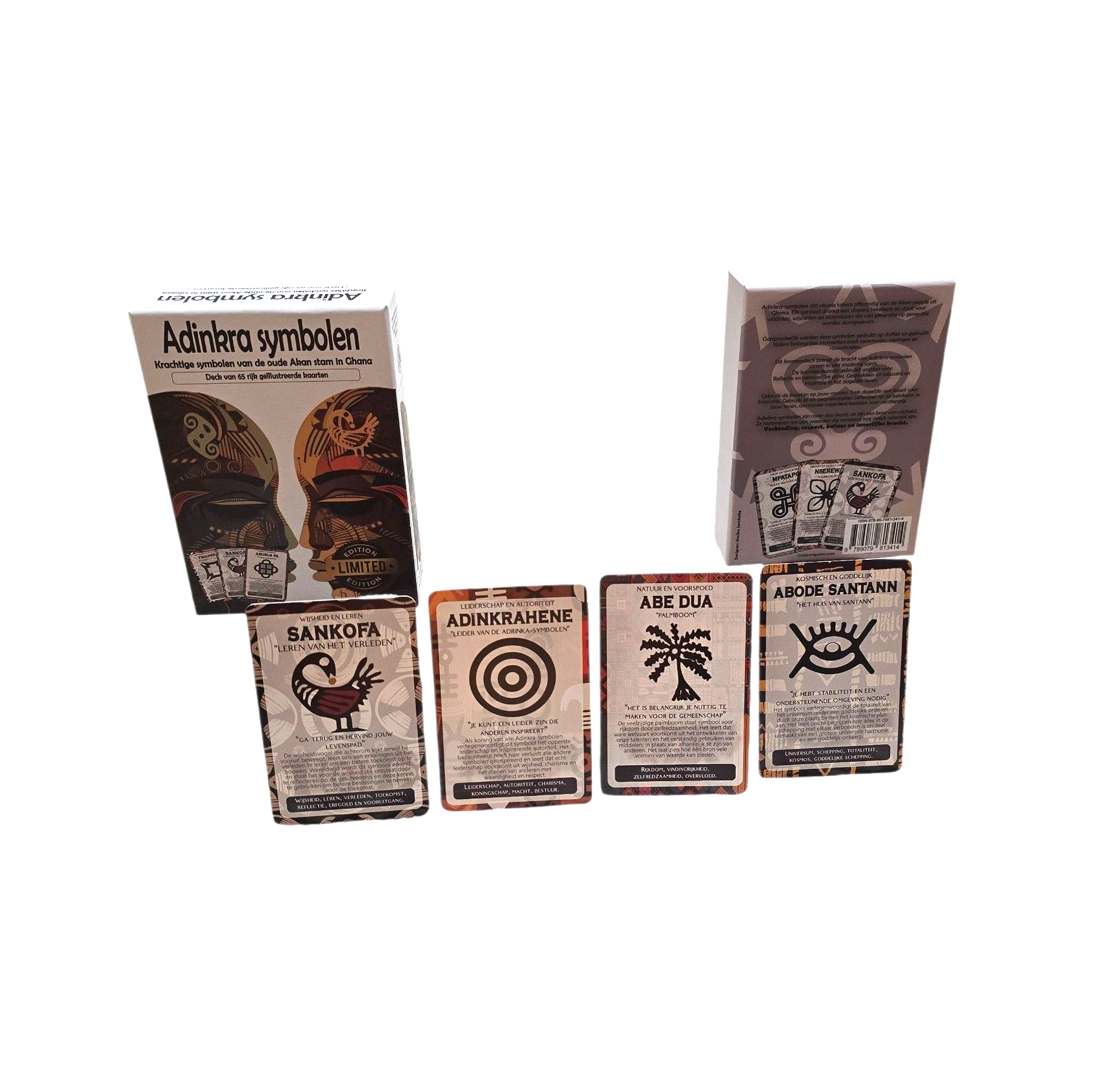 Limited edition Adinkra symbolen affirmatiekaarten, deck met 65 kaarten.