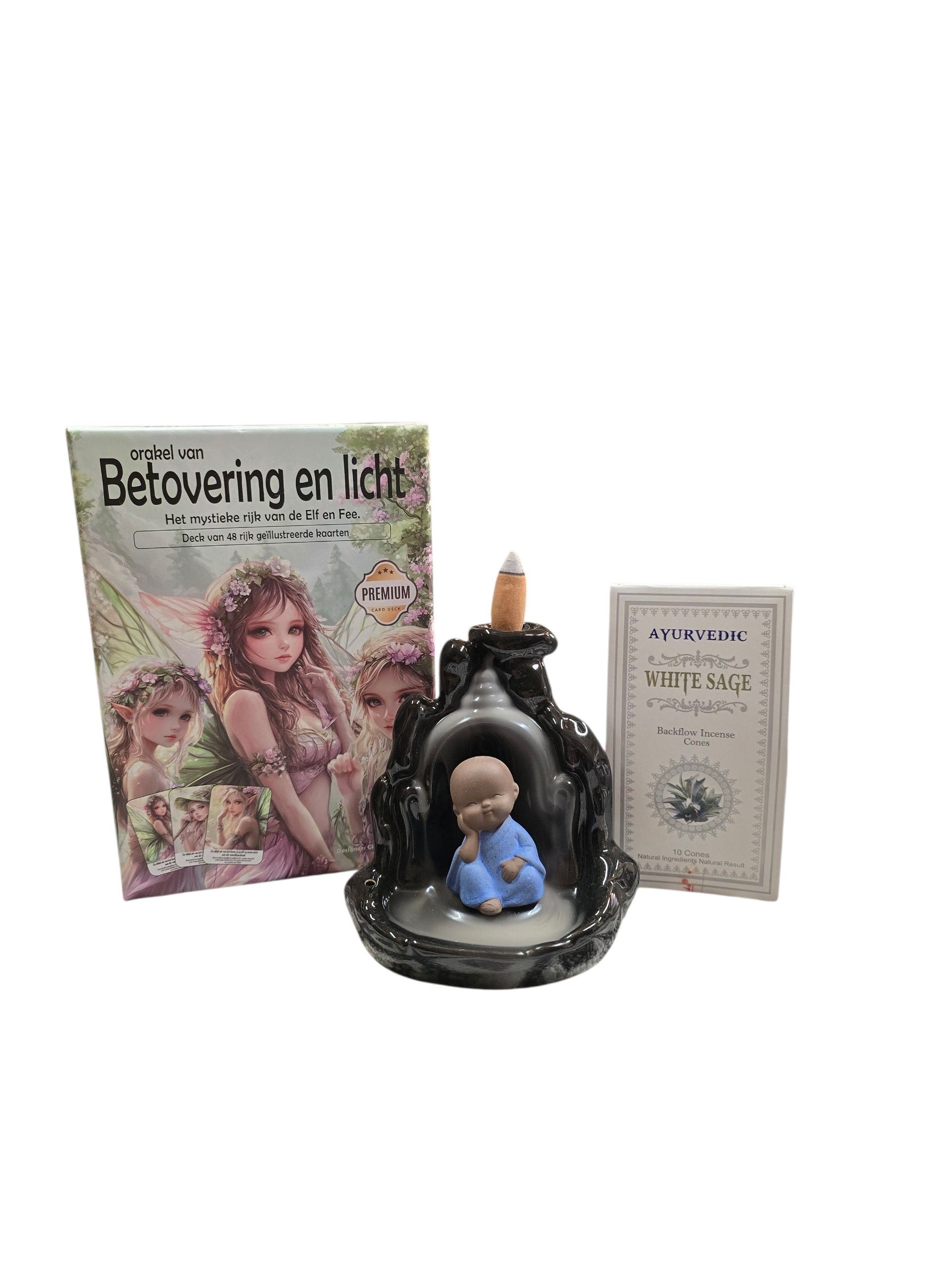 Spirituele giftset Orakelkaarten Betovering en licht, backflo wierookbrander,White Sage wierookkegels