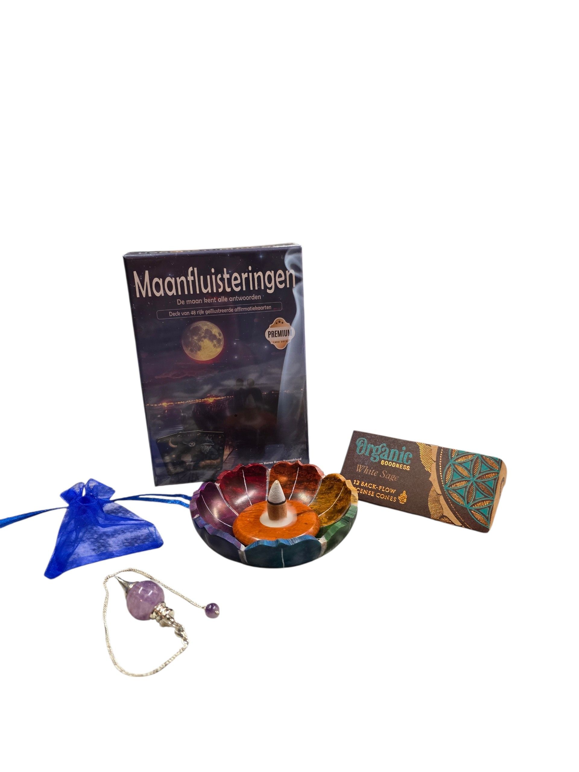Spirituele giftset Maanfluisteringen, speksteen wierookhouder met wierookkegels, Amethist pendel + tasje
