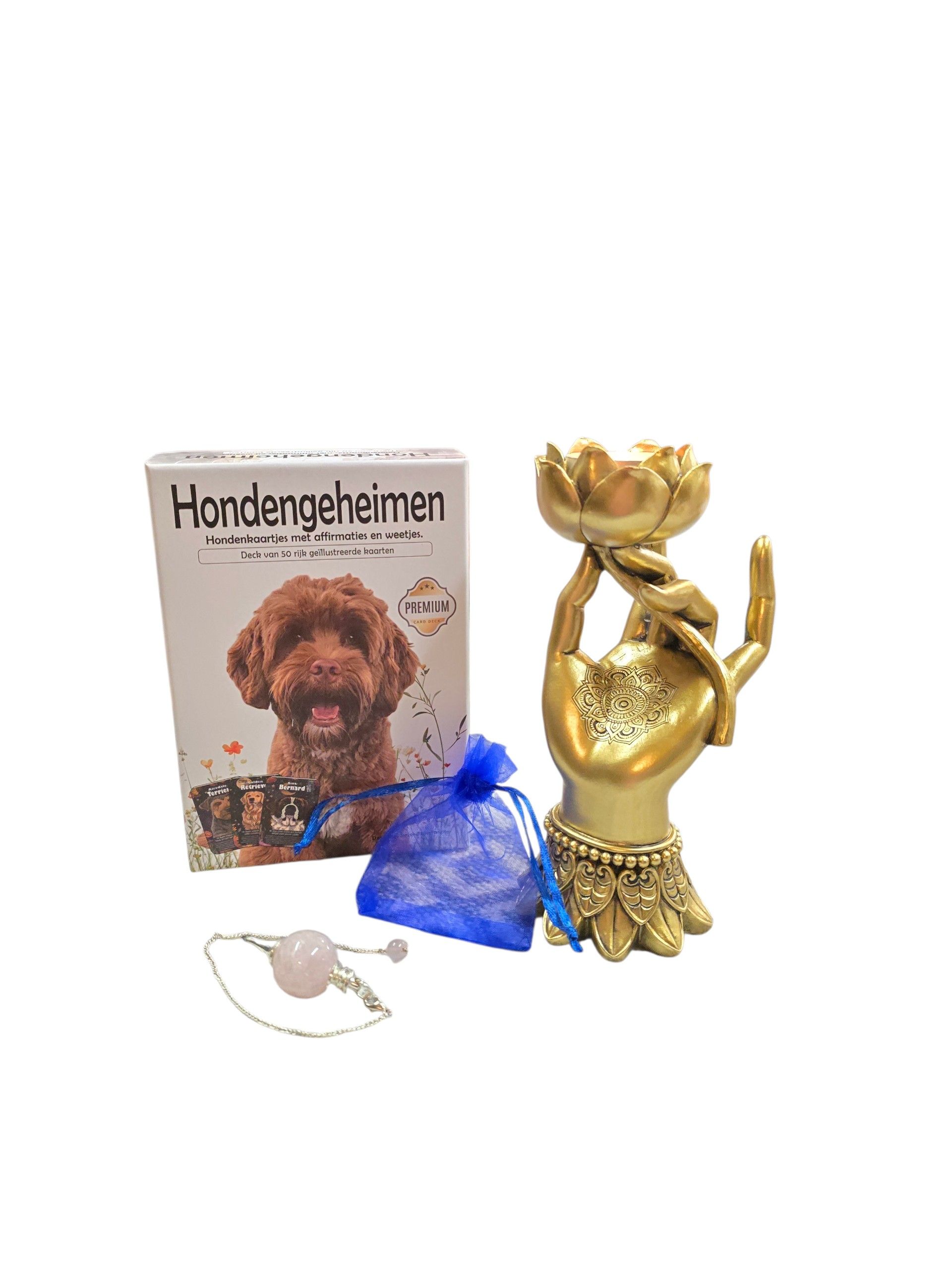 Spirituele giftset hondengeheimen affirmatiekaarten, theelichthouder Varada Mundra, rozenkwarts pendel + tasje