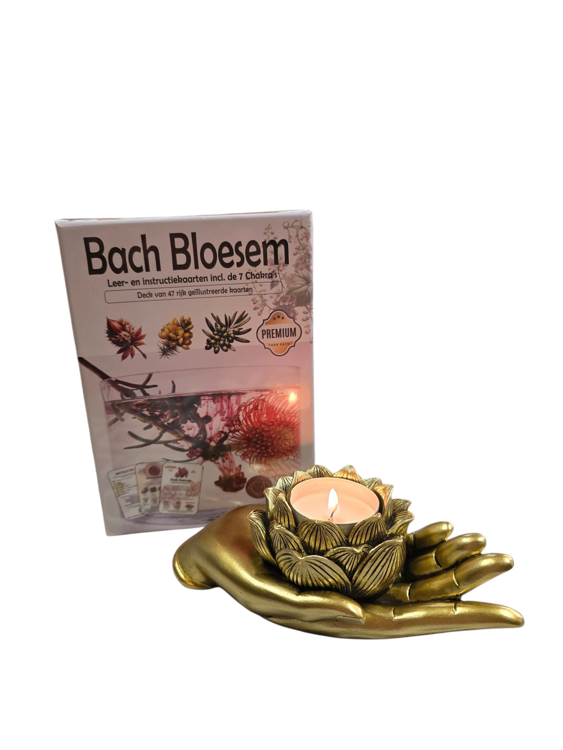 Spirituele giftset Bachbloesemkaarten, waxinelichthouder lotus hand goudkleurig