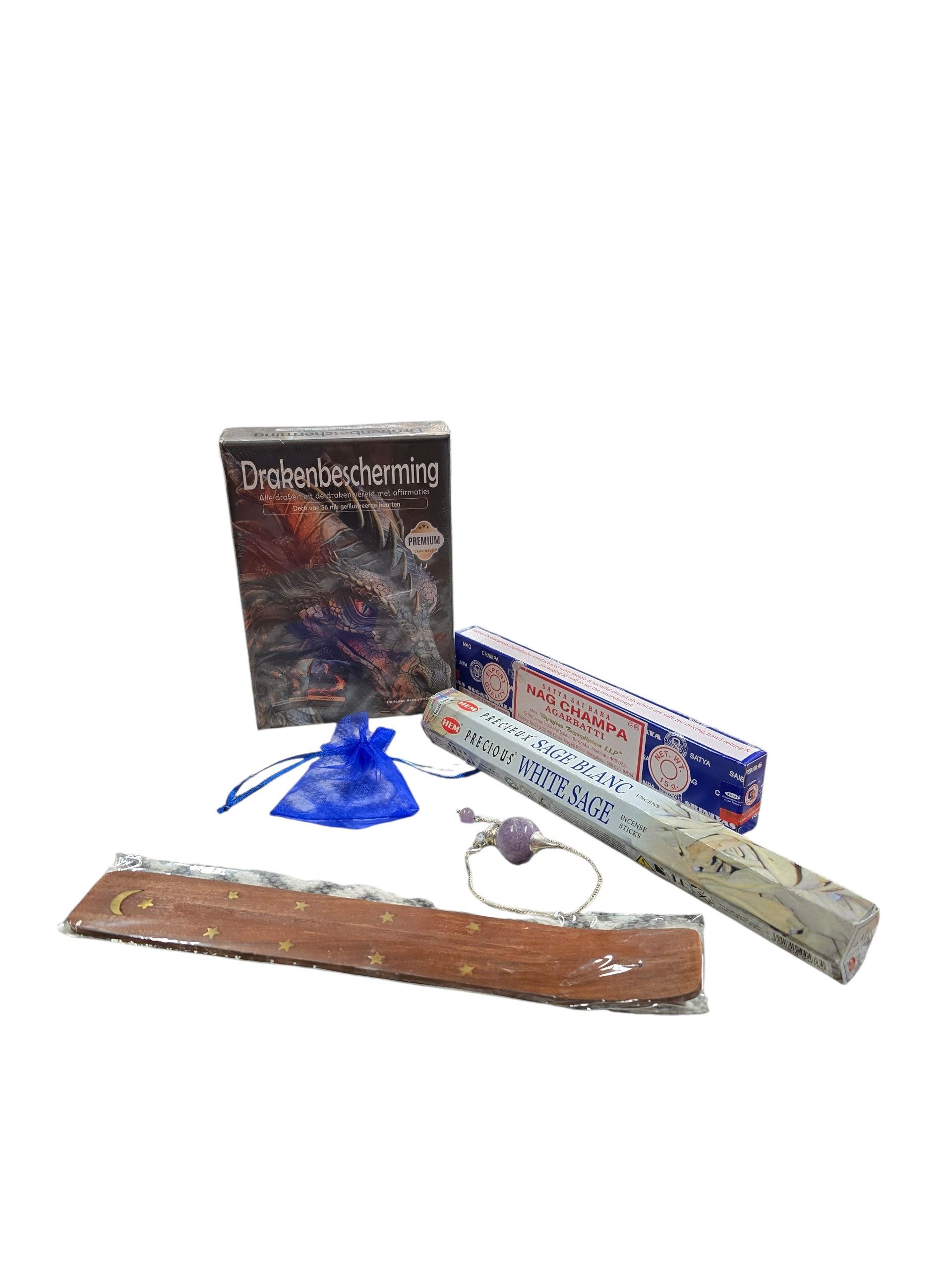 Spirituele gifset drakenbeschermingkaarten, Amethist pendel + tasje, wierookplankje + 1 doosje Nag Champa en 1 doosje White Sage wierook