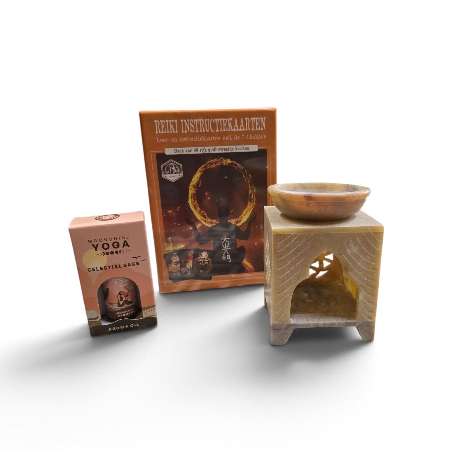 Spirituele giftset Reiki leer & instructiekaarten, zeepsteen olieverdamper, Celestial Sage aroma oil