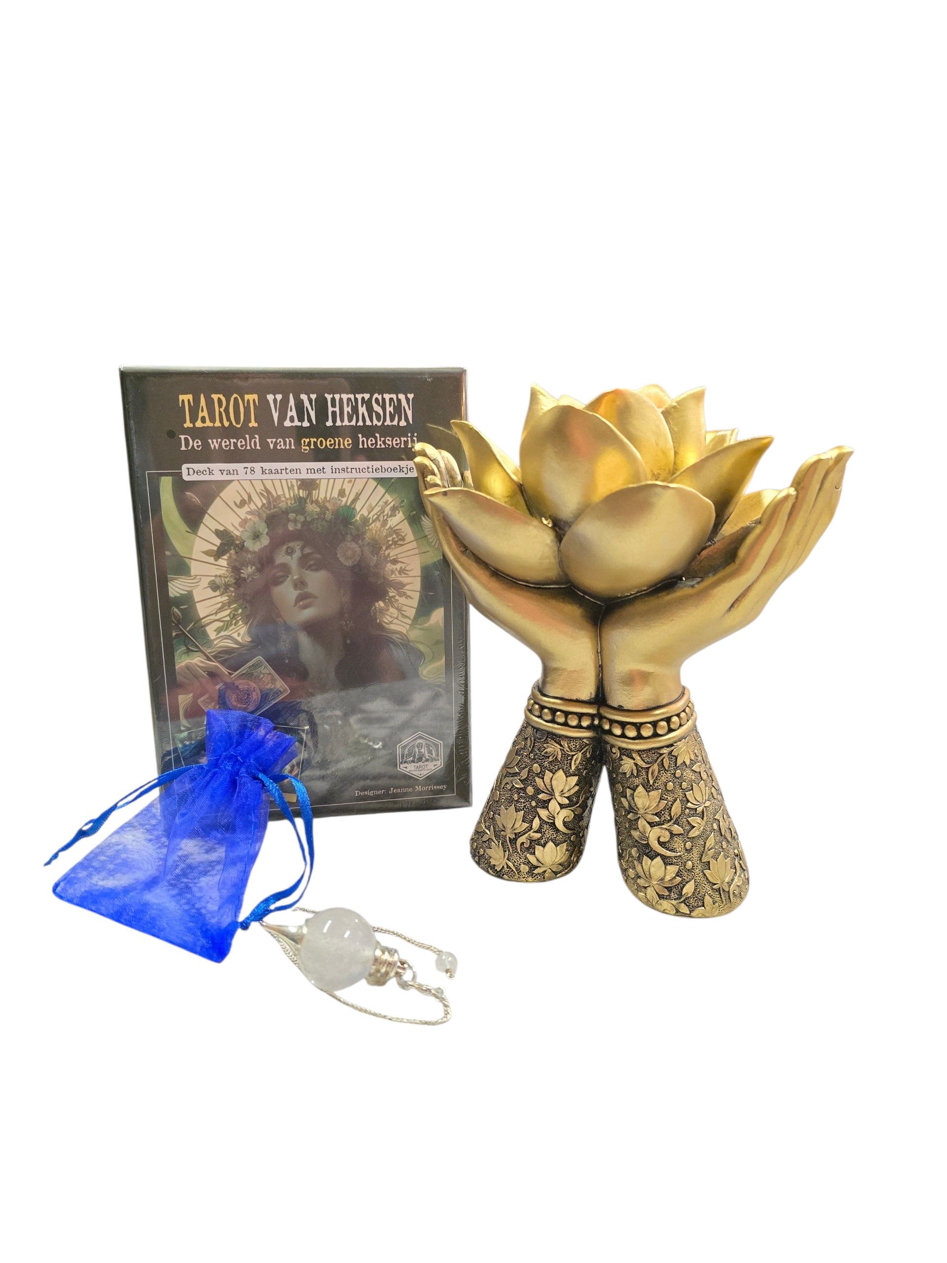 Spirituele giftset Tarot van heksen, Lotusbloem waxinelichthouder, Bergkristal pendel met tasje
