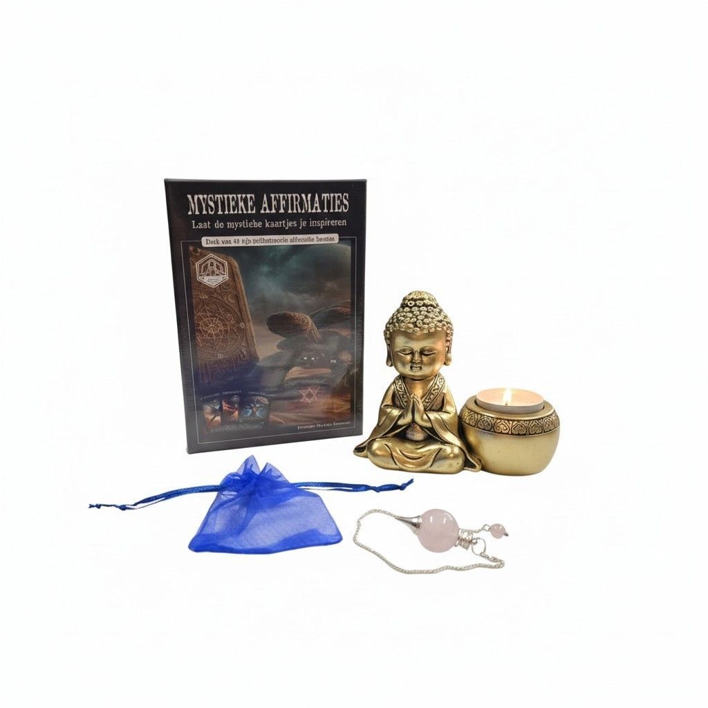 Spirituele giftset Mystieke affirmaties, rozenkwarts pendel + tasje, gouden biddende Boeddha waxinelichthouder