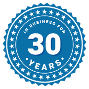 A blue seal that says in business for 30 years