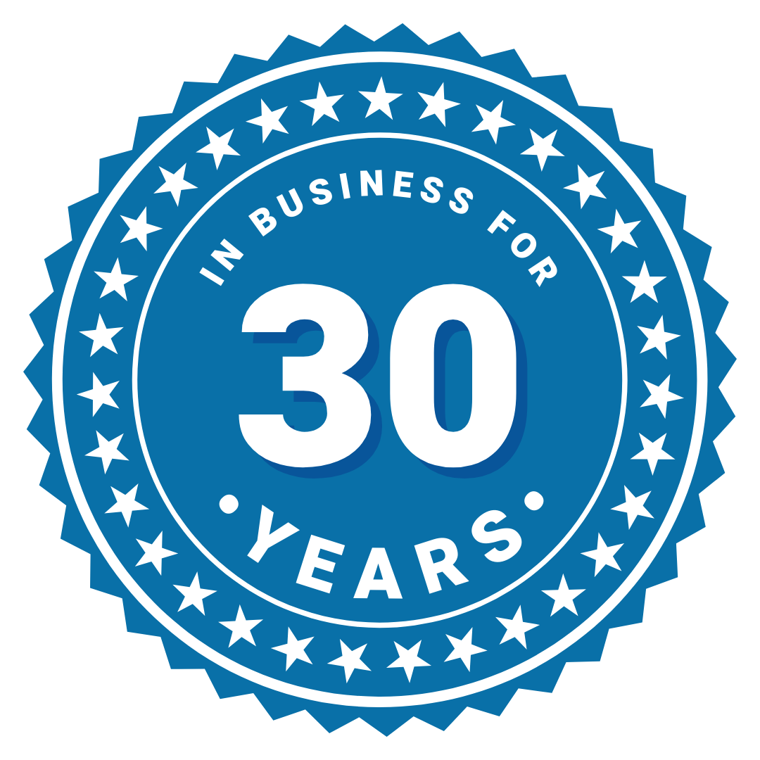 A blue seal that says in business for 30 years