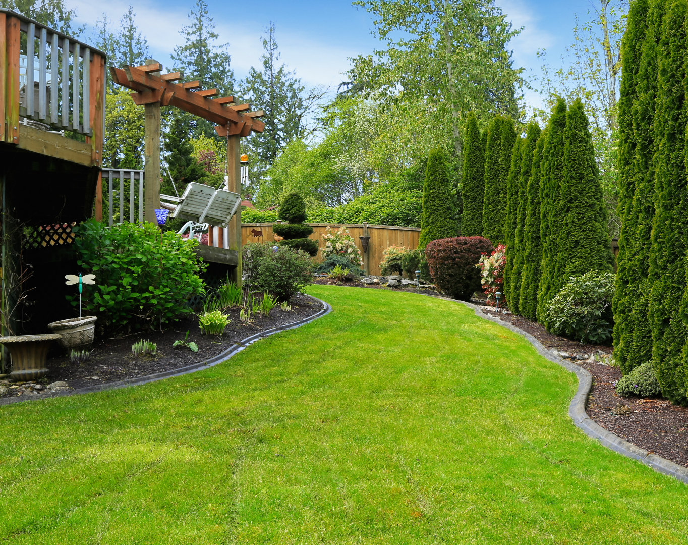 A lush green lawn with a pergola and trees in a backyard.
