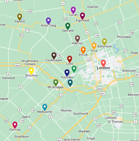 A map of london with a lot of markers on it