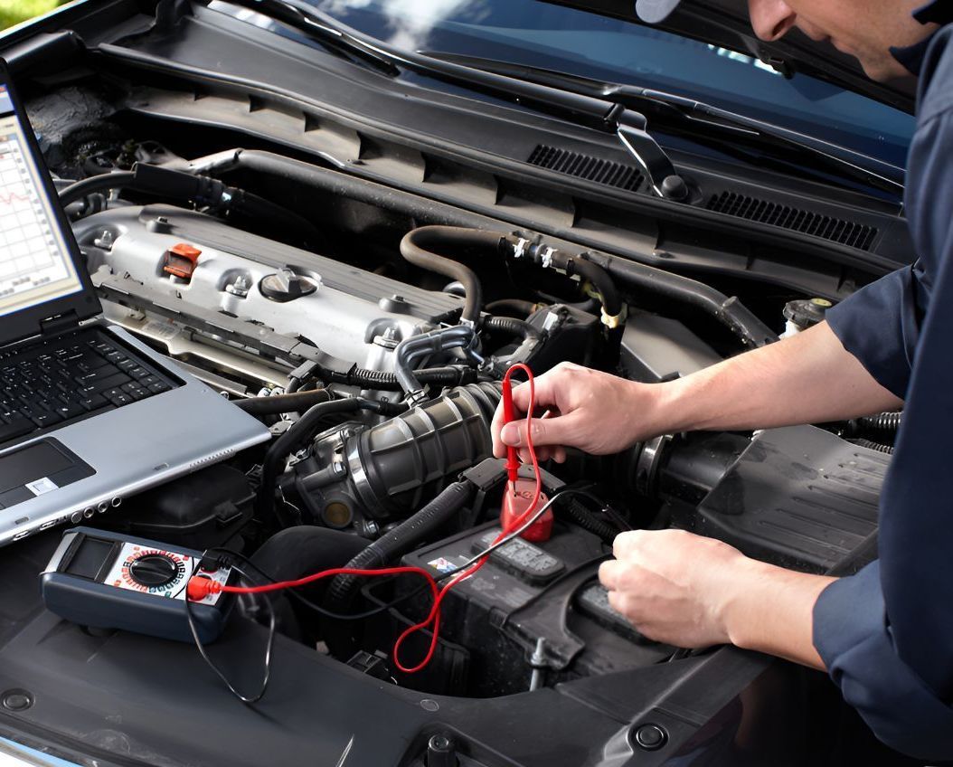 A Man is Working on a Car With a Laptop in the Background — One Stop Service and Suspension Centre In Port Macquarie, NSW