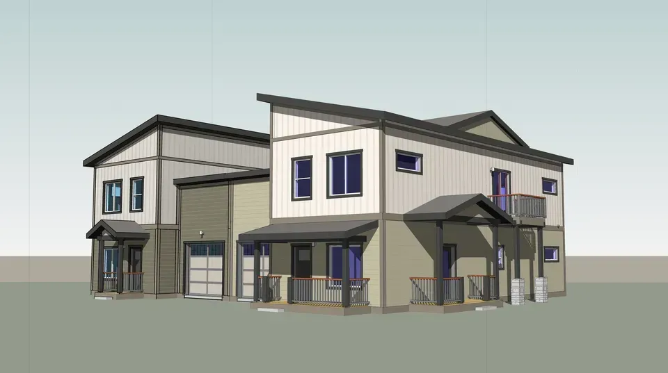 Two-story beige and white building exterior with dark trim and storefront-style entrances