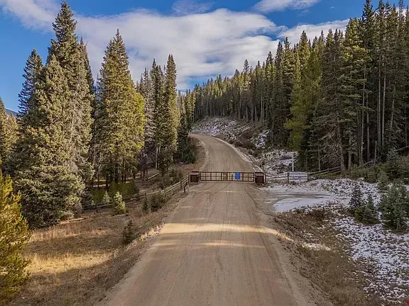 Dirt road blocked by a gate in a forested mountain landscape with patches of snow