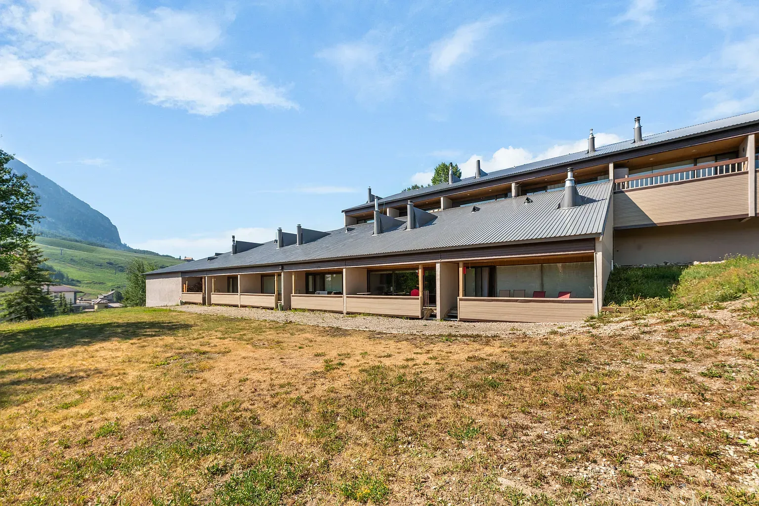 Modern chalet-style building with sloped roof on a grassy hillside under a blue sky