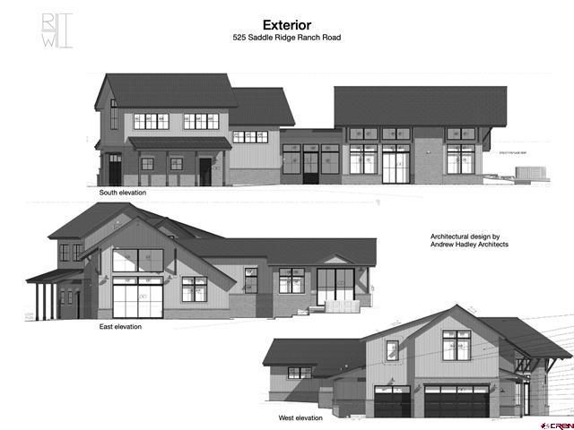 Architectural elevation drawings of a modern single-story building exterior from multiple views