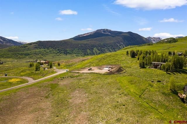 Grassy mountain valley with winding road, sparse trees, and snow-capped peaks under a blue sky