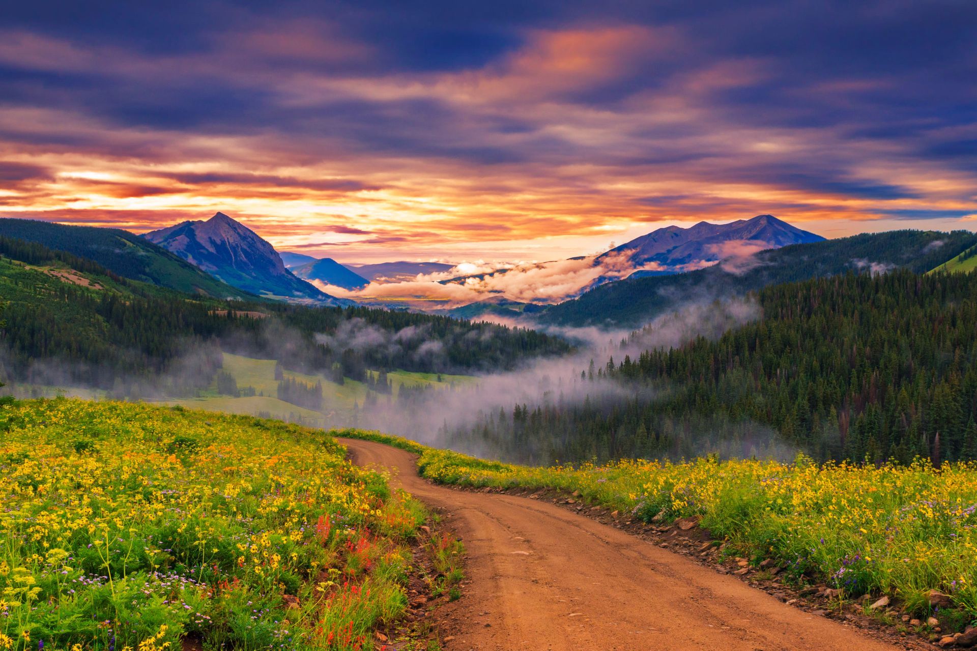 Dirt road through wildflower meadow toward misty mountains under a colorful sunset sky