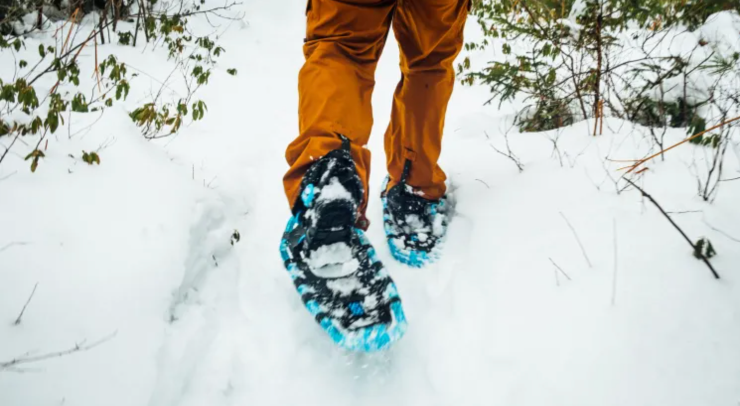 Snowshoe-clad feet in orange pants walking through fresh snow on a trail