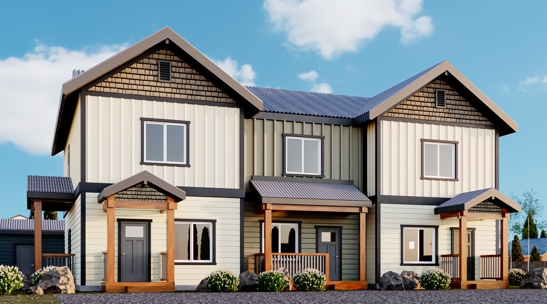 Modern two-story duplex home with beige siding, dark roof, and front porches under a blue sky