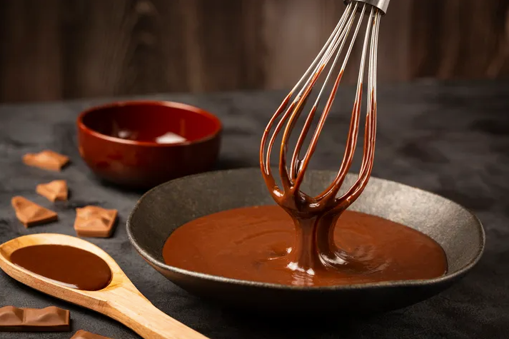 Whisk stirring glossy chocolate sauce in a black pan, with wooden spoon and small bowl nearby