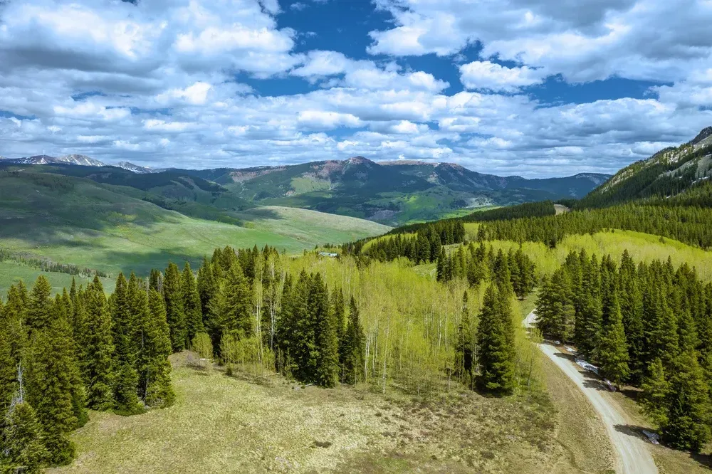 Mountain valley with evergreen forest, winding road, and cloudy blue sky