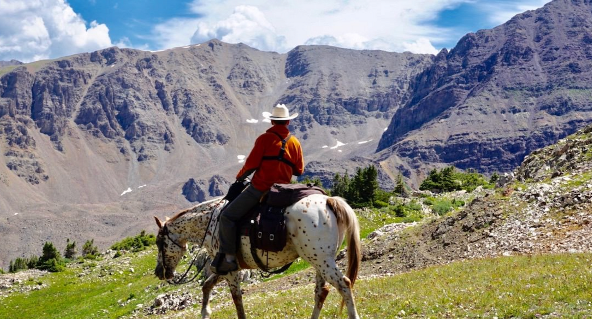 Person in a red shirt rides a horse on a grassy mountain trail under a blue sky