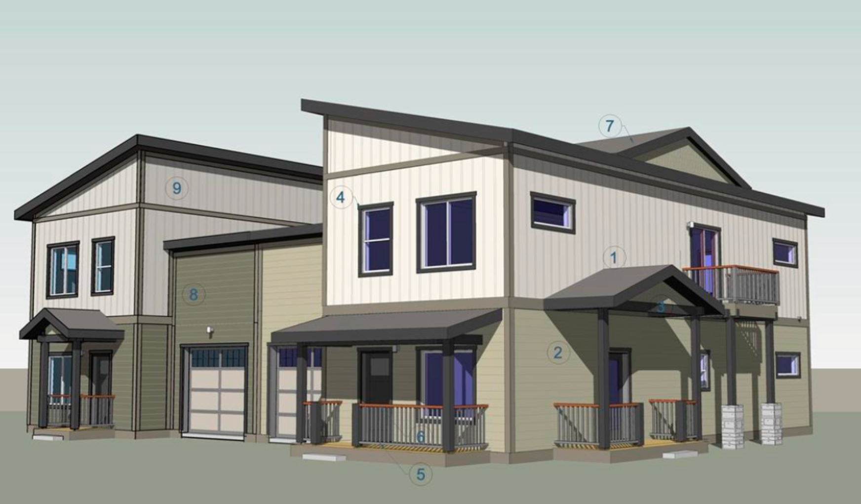 Modern two-story commercial building exterior with beige siding, dark trim, and covered entrances