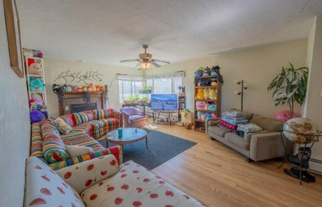 Bright living room with colorful couches, blue rug, fireplace, TV, and large window overlooking water