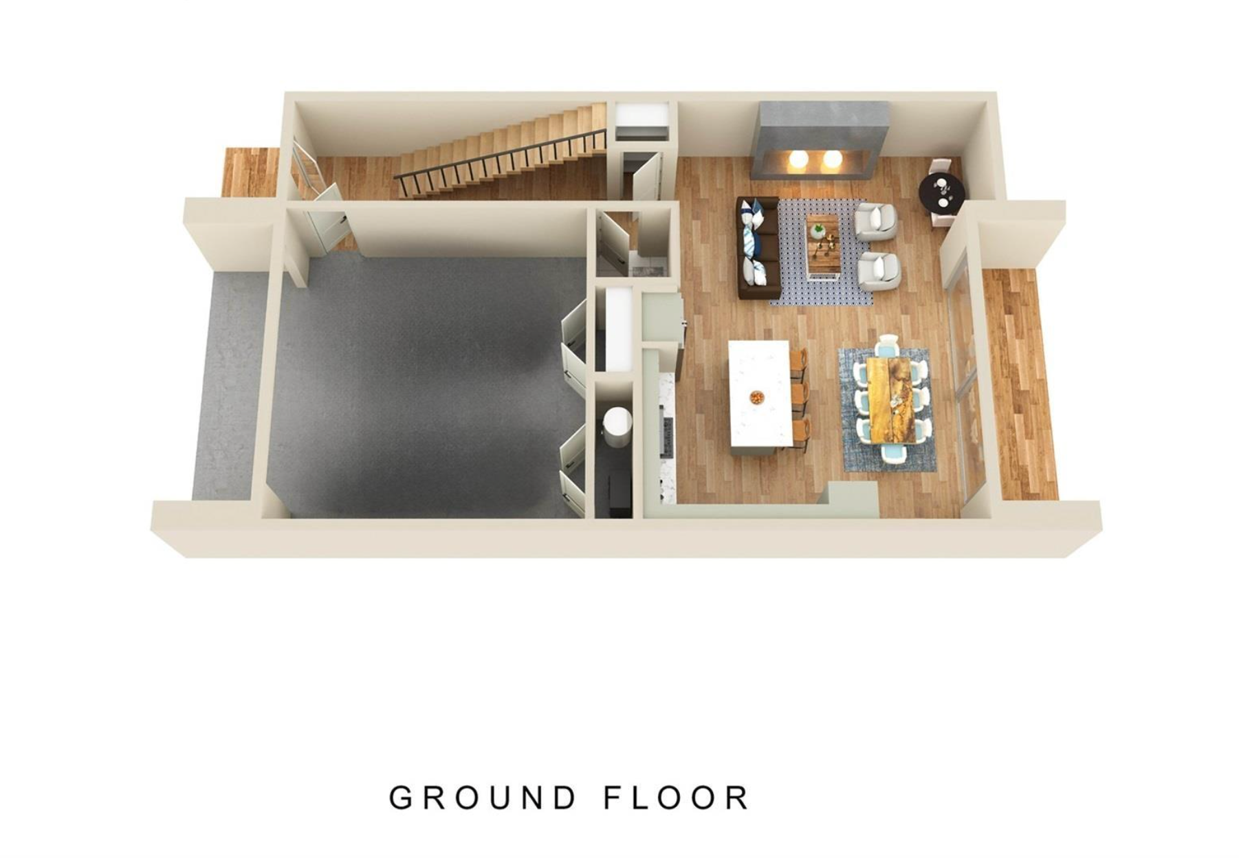 3D ground-floor floor plan with garage, hallway, and open kitchen-dining-living area