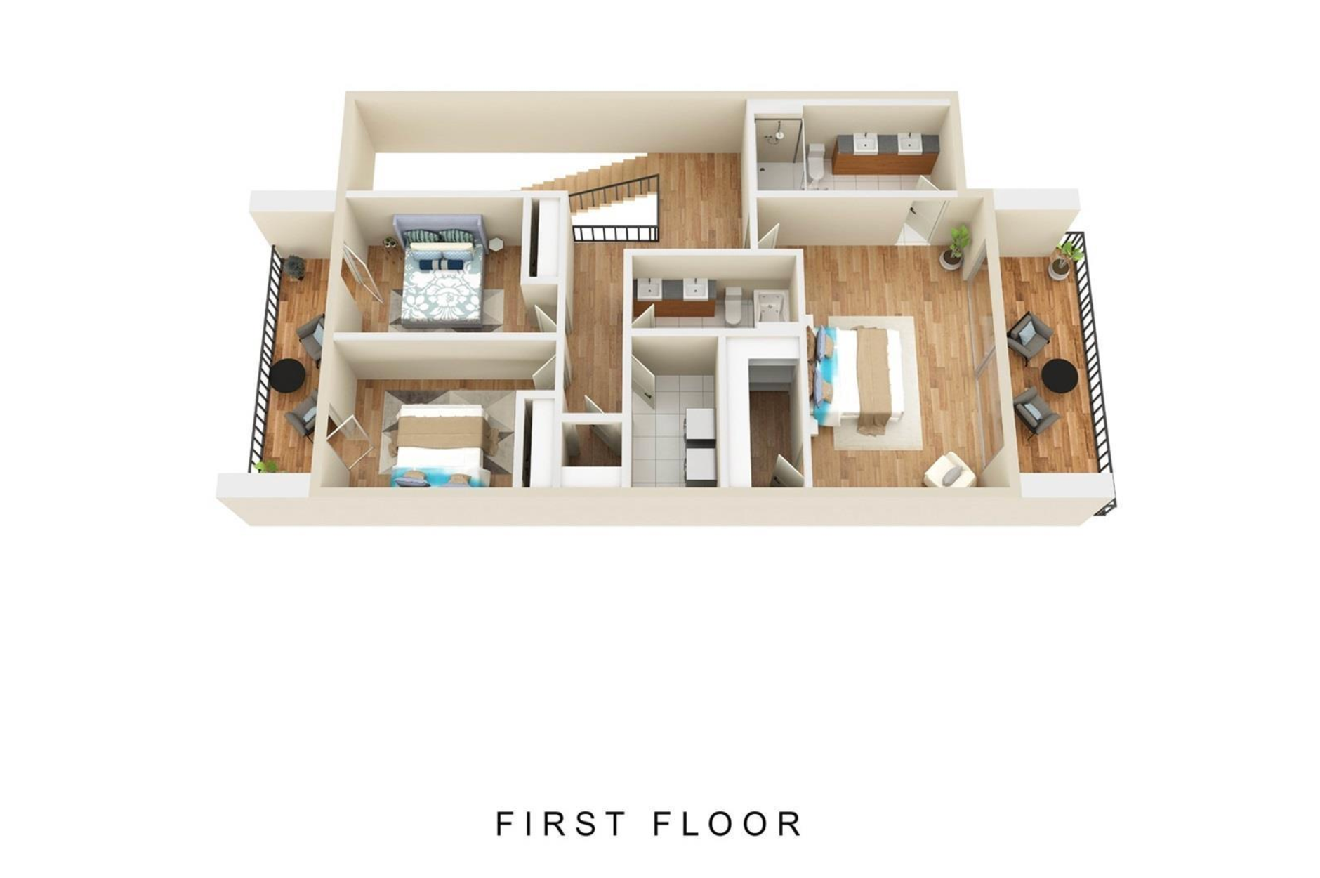 First-floor apartment floor plan with bedrooms, bathroom, kitchen, and living area.